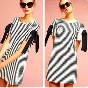 Maeve Anthropologie Ribbon Sleeves Stripes Mini Shirt Dress Black White Size M